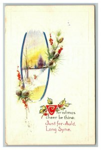 Vintage 1929 Christmas Postcard Mistletoe Holly Berries Pine Cones