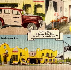 Park O Tell Hotel Postcard Oklahoma City Antique Station Wagon c1940s PCBG1B