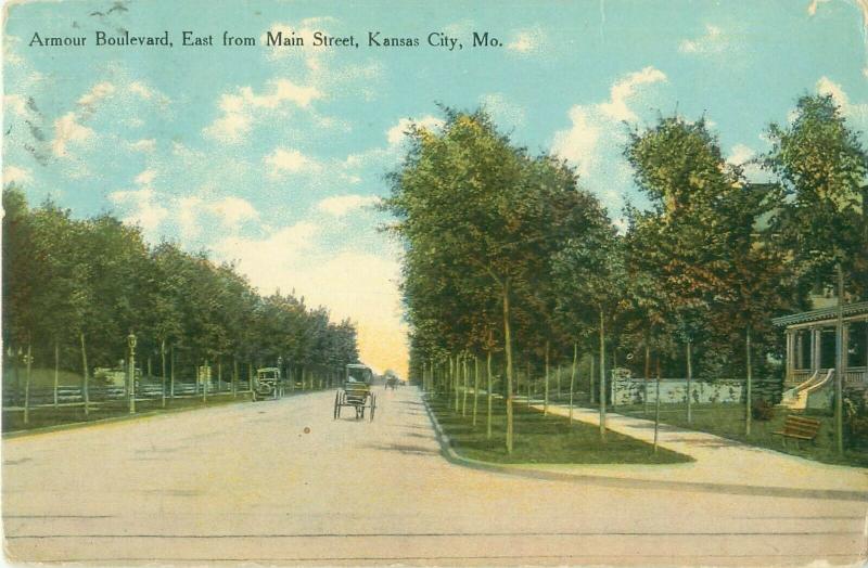 Armour Blvd East from Main St Kansas City MO Pre-Linen Postcard Horse Carriages