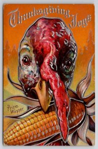 Thanksgiving Joys Turkey With Corn Cob Prize Winner Silver Gild Postcard C39
