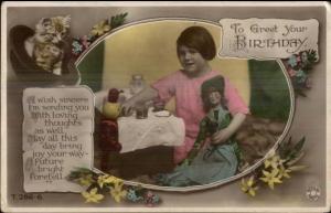 Little Girl Tea Party Dolls 286-6 Tinted Real Photo Postcard - Birthday