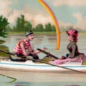 1880s Victorian Trade Card Couple Boat Lake Romantic 7D