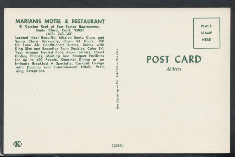America Postcard - Marianis Motel & Restaurant, Santa Clara, California  RS20251