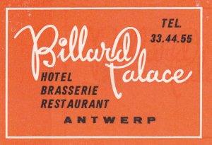 Belgium Antwerp Billard Palace Hotel Orange Vintage Luggage Label sk3068