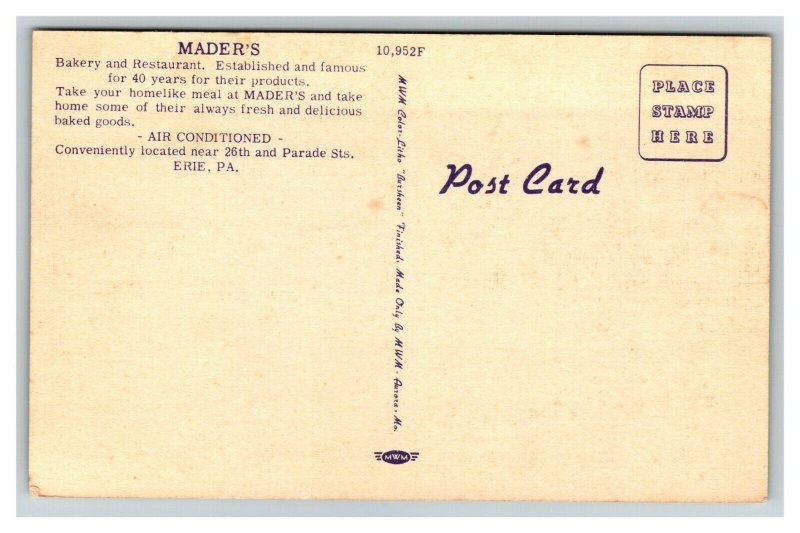 Vintage 1930's Postcard Mader's Bakery & Restaurant Erie Pennsylvania