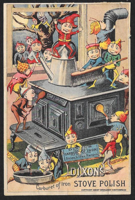 VICTORIAN TRADE CARD Dixon Stove Polish Many Brownies On & Around Stove c1888