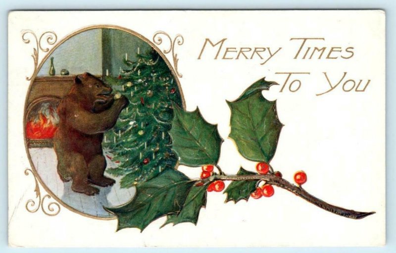 MERRY TIMES to YOU ~ Embossed CHRISTMAS Bear & Xmas Tree c1910s   Postcard