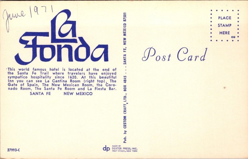 Vtg Santa Fe New Mexico NM La Fonda Hotel Cantina Room Fiesta Bar Postcard