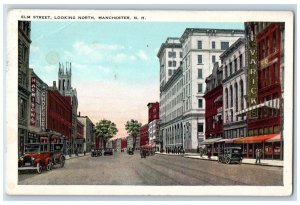 c1930's Elm Street Looking North Harrison Varicks Cars Manchester NH Postcard