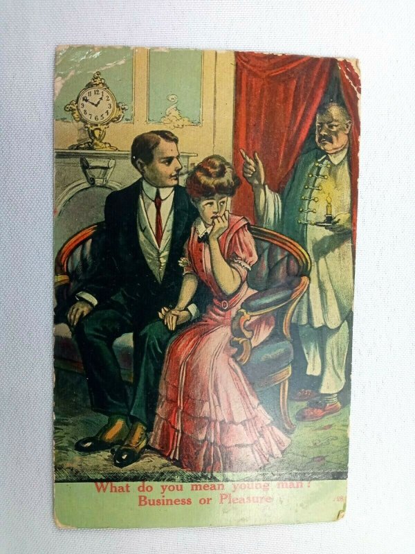 Vintage Postcard 1910 What do you mean young man?  Business or Pleasure 