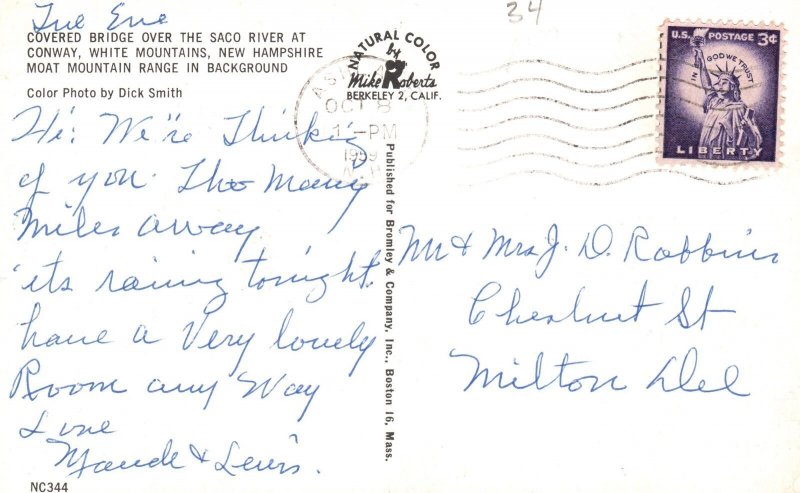 Vintage Postcard 1959 Covered Bridge Over Saco River Conway White Mountains NH