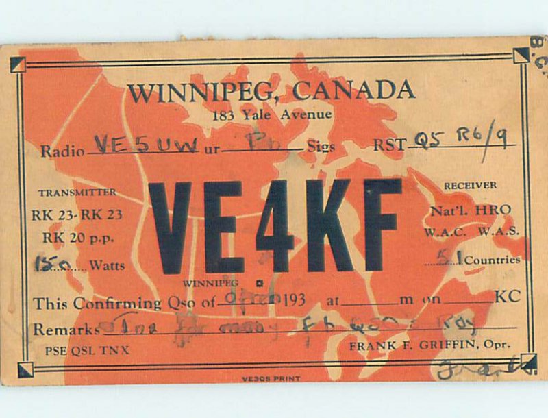 1930s QSL RADIO CARD Winnipeg Manitoba MB AH3254