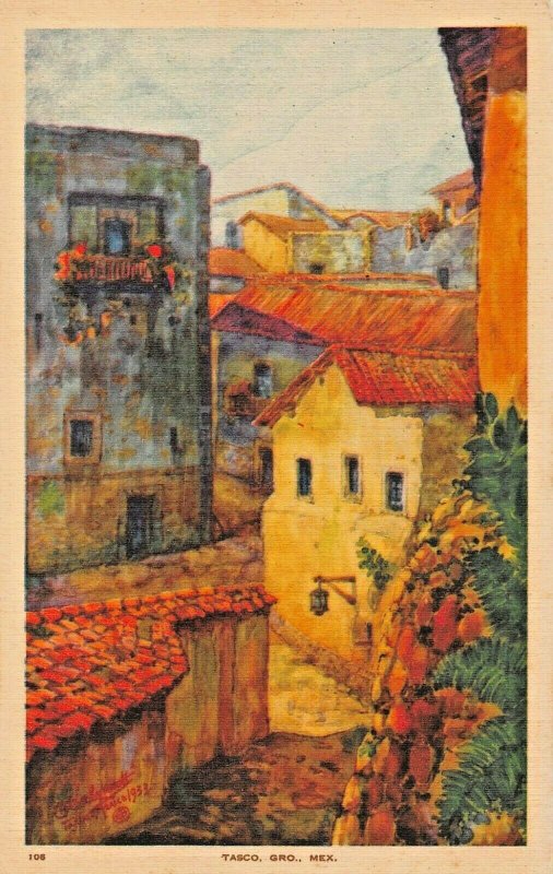 TASCO GUERRERO MEXICO~1950s ARTIST PAINTED & SIGNED POSTCARD