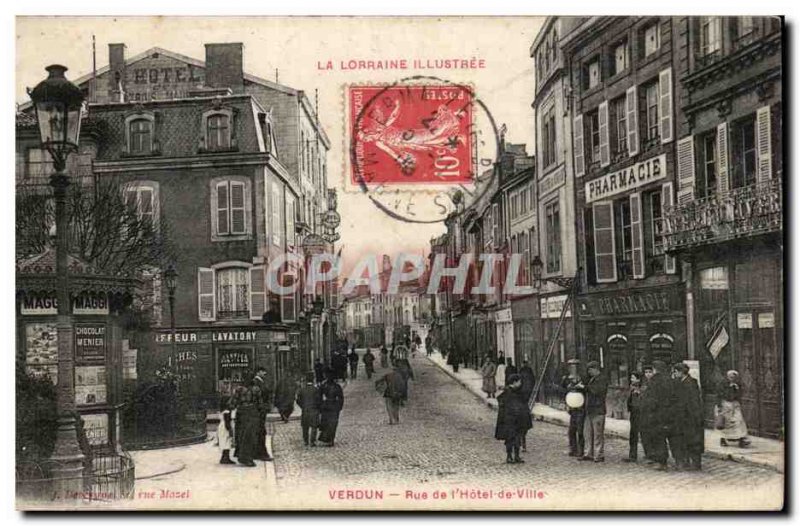 Verdun - Street of & # 39Hotel City - Pharmacy - Hairdresser - Old Postcard