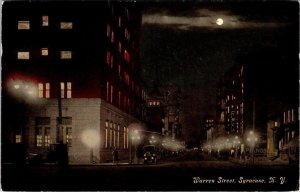 Syracuse, NY New York  WARREN STREET SCENE~Night/Full Moon ca1910's Postcard