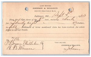 1903 Enclosing Check Johnson & Millikin Baltimore Maryland MD Postal Card 