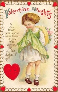 H83/ Valentine's Day Love Holiday Postcard c1910 Cupids Heart Border Girl 77