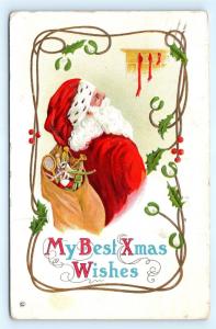 Postcard Christmas Red Santa Bag of Toys My Best Xmas Wishes 1914 J12