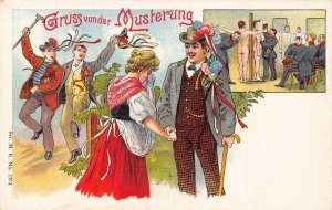 L002 Germany 1900 Gruss von der Musterung humour military couple litho postcard