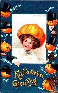 Vintage Clapsaddle  Pretty Girl Pumpkin Hat & JOL Pumpkin Men Halloween Postcard