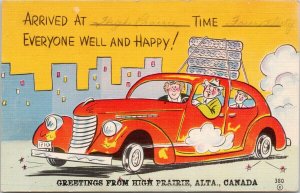 Greetings from High Prairie Alberta AB Red Car Automobile Comic Postcard G7