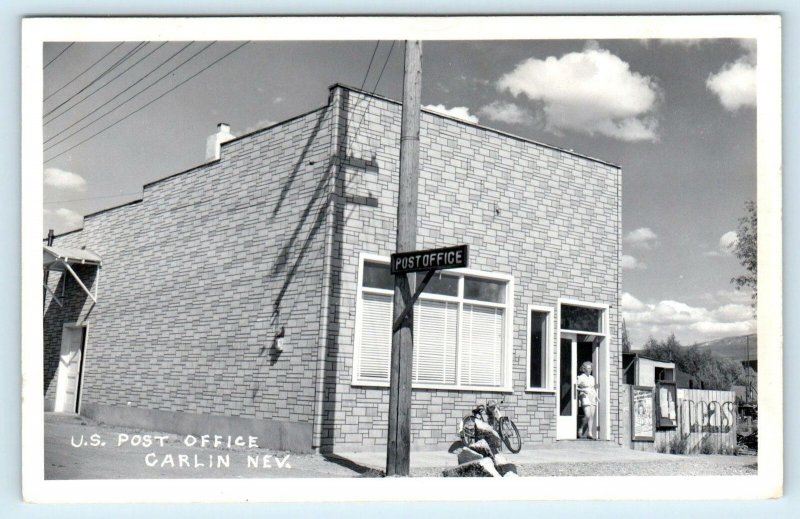 RPPC CARLIN, NV Nevada ~ POST OFFICE Bicycle Movie Poster  c1940s  Postcard