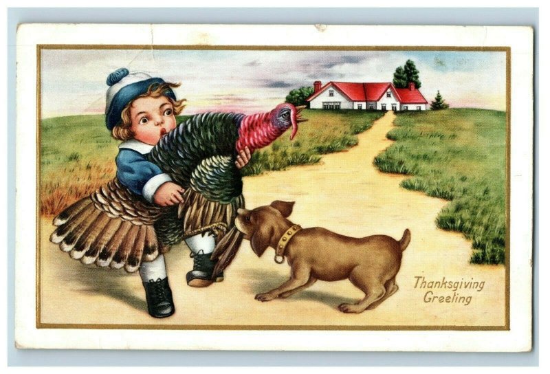 c.1910 Cute Girl & Fighting Over Turkey Thanksgiving Vintage Postcard F50 