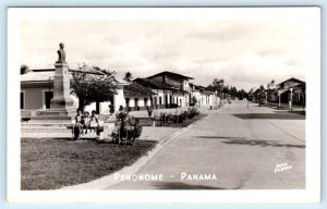 RPPC PENONOME, PANAMA ~ Monument STREET SCENE c1940s Foto Flatau Postcard