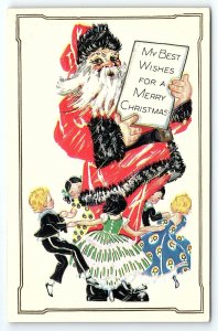 c1915 SANTA CLAUS BLACK ACCENTS MERRY CHRISTMAS DANCING CHILDREN POSTCARD P2810G