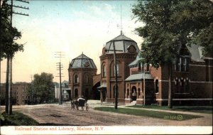 Malone New York NY Railroad Station Depot and Library c1910 Vintage Postcard