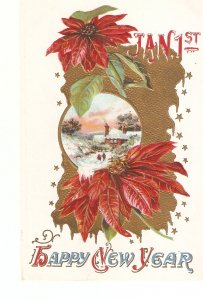 Poinsetia flowers in landscape Old vintage American New YearGreetings PC