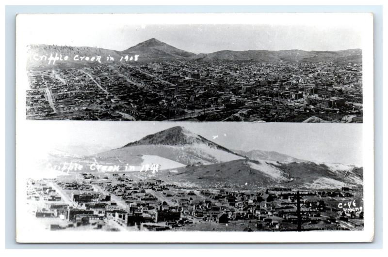 Postcard Cripple Creek in 1908 & 1946, CO split-view 1948 RPPC H13