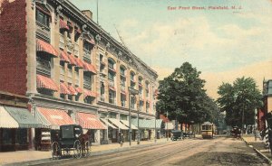 Plainfield NJ East Front Street Storefronts Trolley Horse & Wagons 1909 Postcard