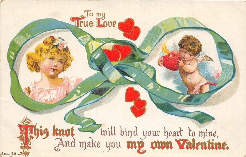 G2/ Valentine's Day Love Postcard c1910 Cupid Girl Ribbon Hearts 2