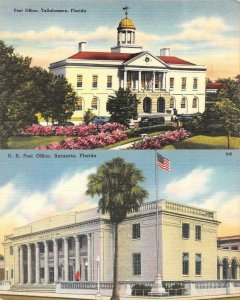 Florida FL  POST OFFICE In TALLAHASSEE & SARASOTA  *2*  c1940's Linen Postcards
