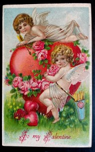 Vintage Victorian Postcard 1910 Valentine's Day - Two Angels with a Heart