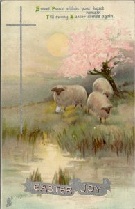 Easter Joy Sheep Cherry Blossom Tree Silver Cross 1914 Raphael Tuck Postcard V1