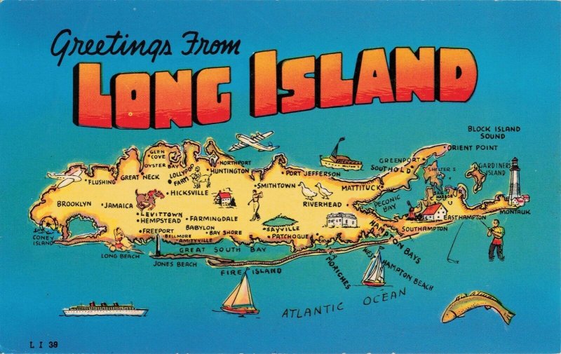 1960's Greetings from Long Island New York Map Postcard 2R3-126 