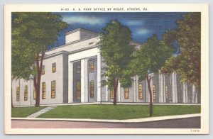 Athens Georgia~US Post Office @ Night~Linen Postcard 