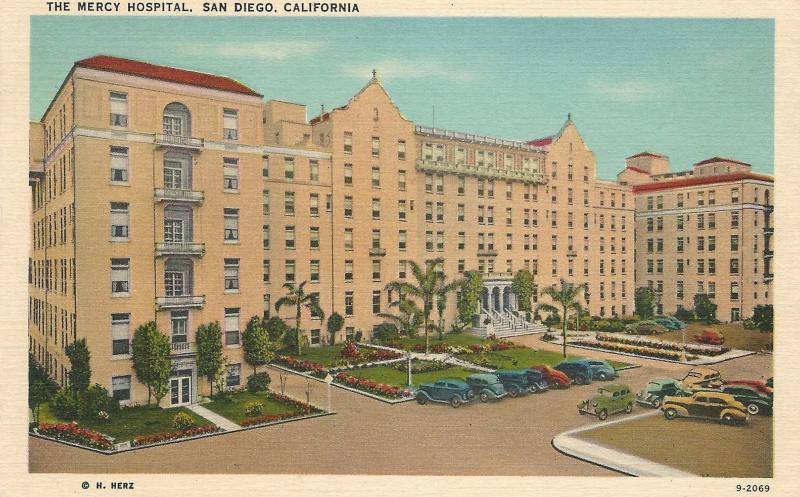 The Mercy Hospital, San Diego, California, Early Linen Postcard, Unused