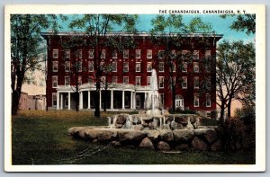 Vintage Postcard Main Door Canandaigua Building Stone Rocks Fountain New York NY