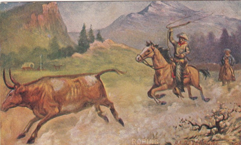 AS: Cowboy horseback roping cattle, 1900-10s;