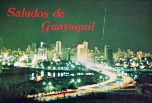 VINTAGE POSTCARD CONTINENTAL SIZE BEAUTIFUL NIGHT VIEW OF GUAYAQUIL ECUADOR