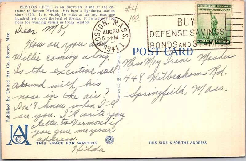 Postcard LIGHTHOUSE SCENE Boston Massachusetts MA AO7356