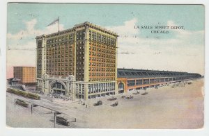 P1984, 1909 postcard air view la salle street RR train depot people trains cars