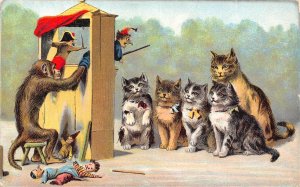 Animals Anthropomorphic Cats Watching Puppet Show Monkey Humanized postcard B920