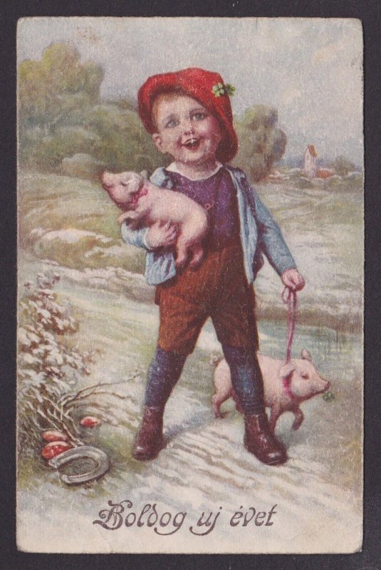 HUNGARY, Vintage postcard, Child with pigs, Happy New Year, Posted