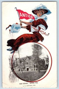 Antigo Wisconsin WI Postcard High School Exterior Building Pennant c1910 Vintage