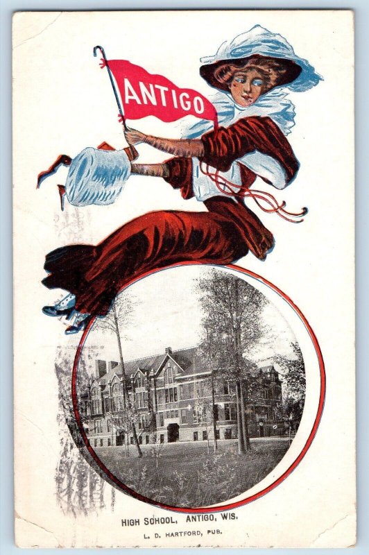 Antigo Wisconsin WI Postcard High School Exterior Building Pennant c1910 Vintage