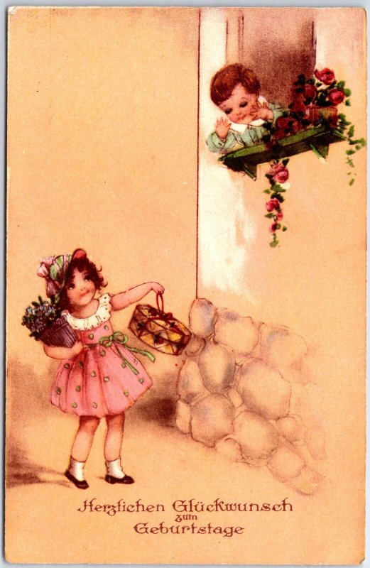 VINTAGE POSTCARD HAPPY BIRTHDAY GREETINGS LITTLE BOY AND GIRL GERMANY 1930s